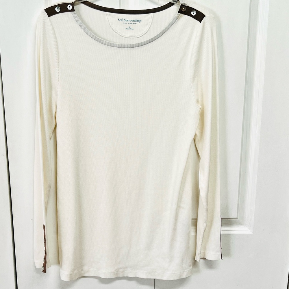 Soft Surroundings Ivory Long Sleeve Top with Gray Accents Size M